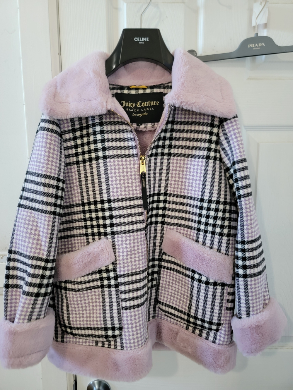 Juicy Couture Lavender Plaid Faux-Fur Trim Pea Coat